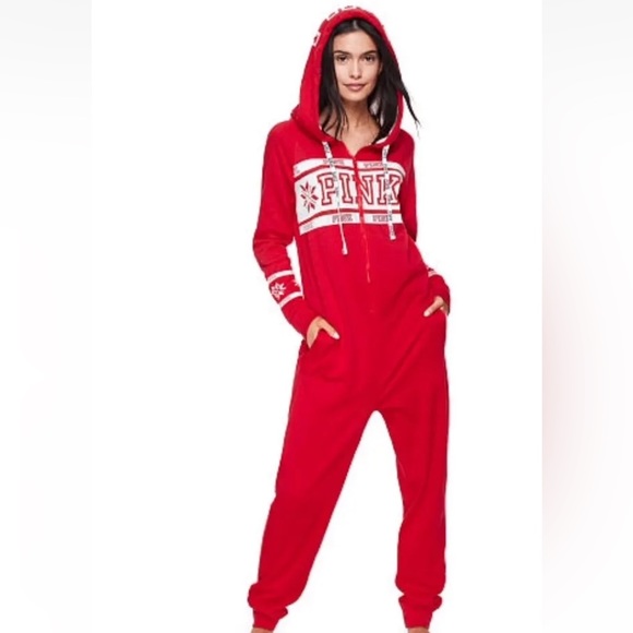 PINK Victoria Secret Christmas Holiday Pajama Zip Up Onesie - Picture 2 of 13